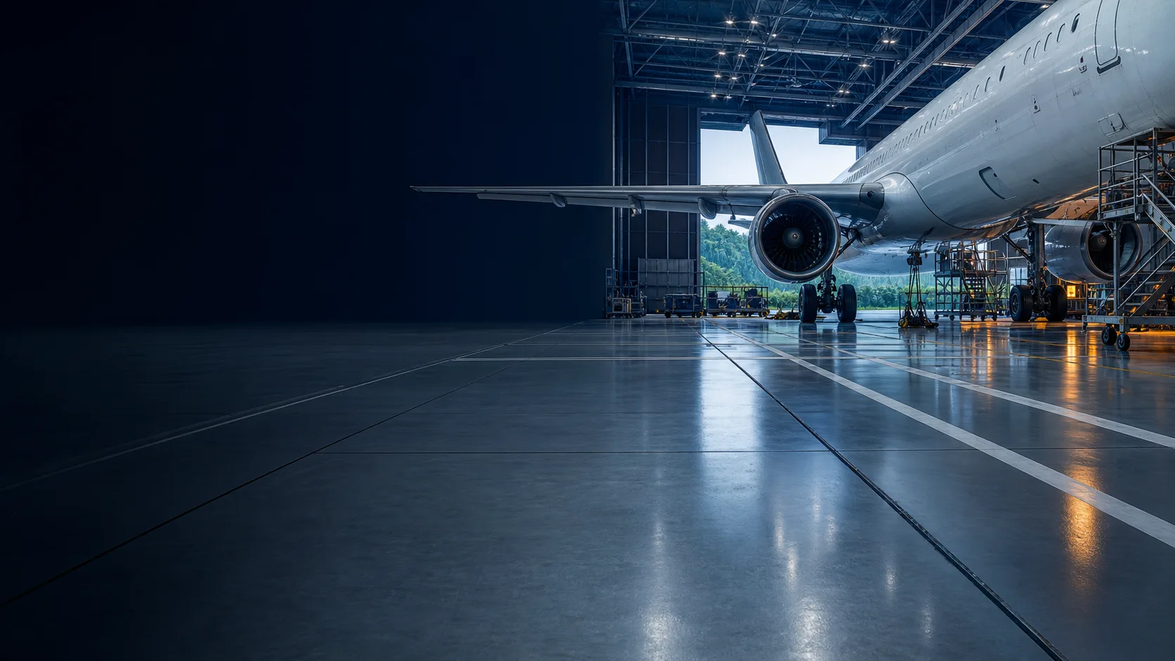 Aircraft MRO hangar, ground-support equipment and seamless grey resin floor