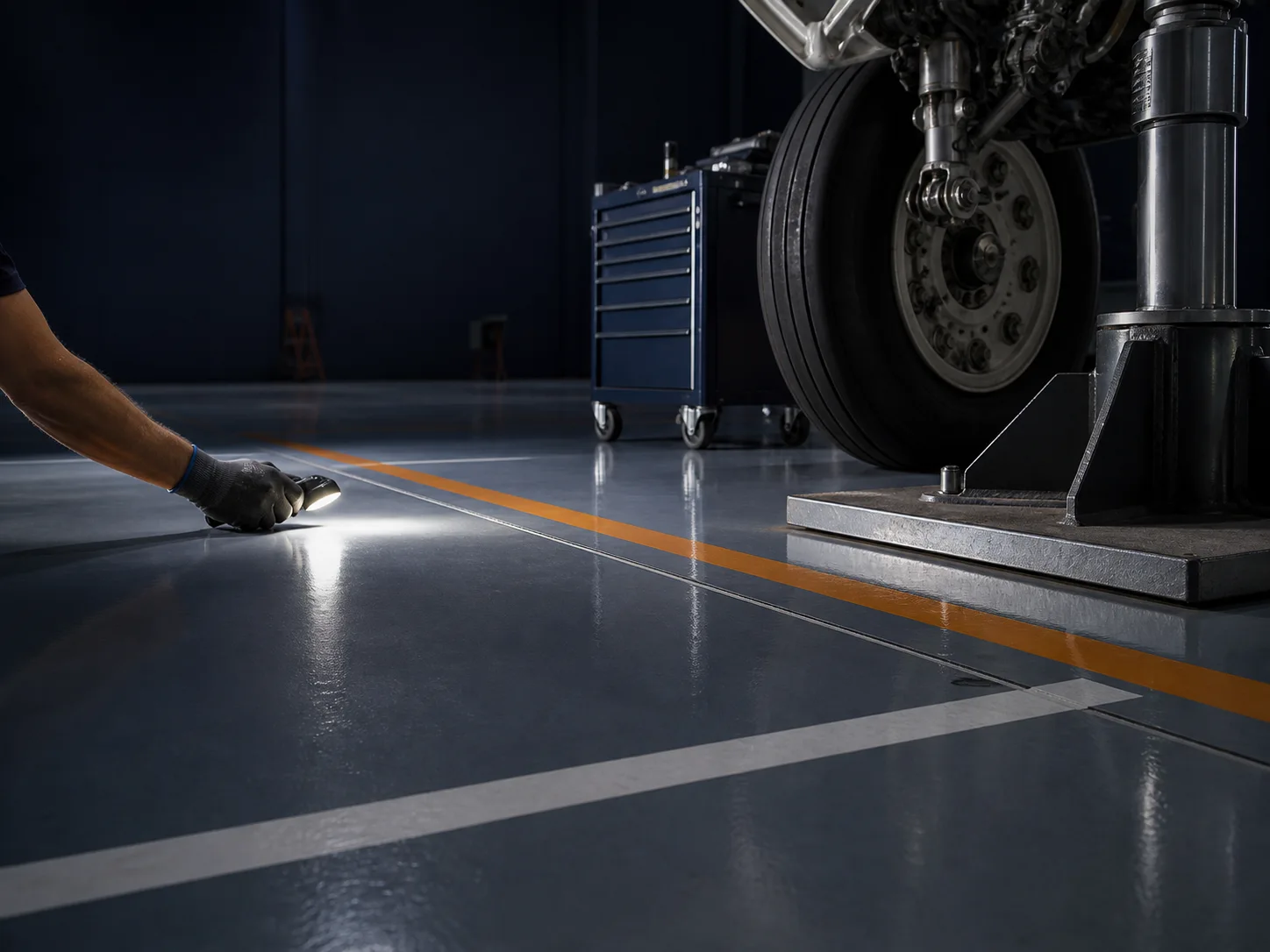 Low-angle inspection of aircraft jack area and hangar resin floor