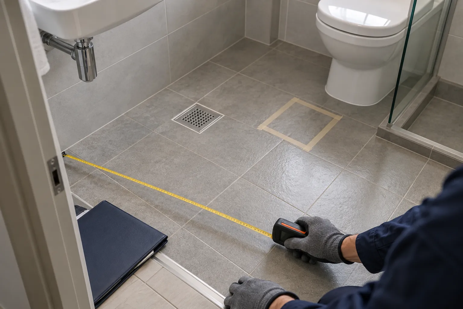 Illustrative HDB bathroom assessment showing existing tiles, a taped test area and room measurement before an anti-slip quotation