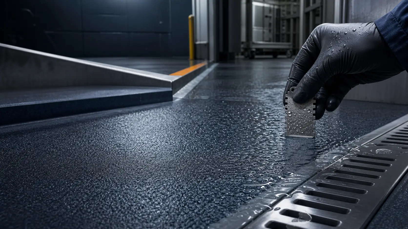 Close view of a textured anti-slip resin floor carrying a controlled water film beside a drainage channel while a technician checks the profile