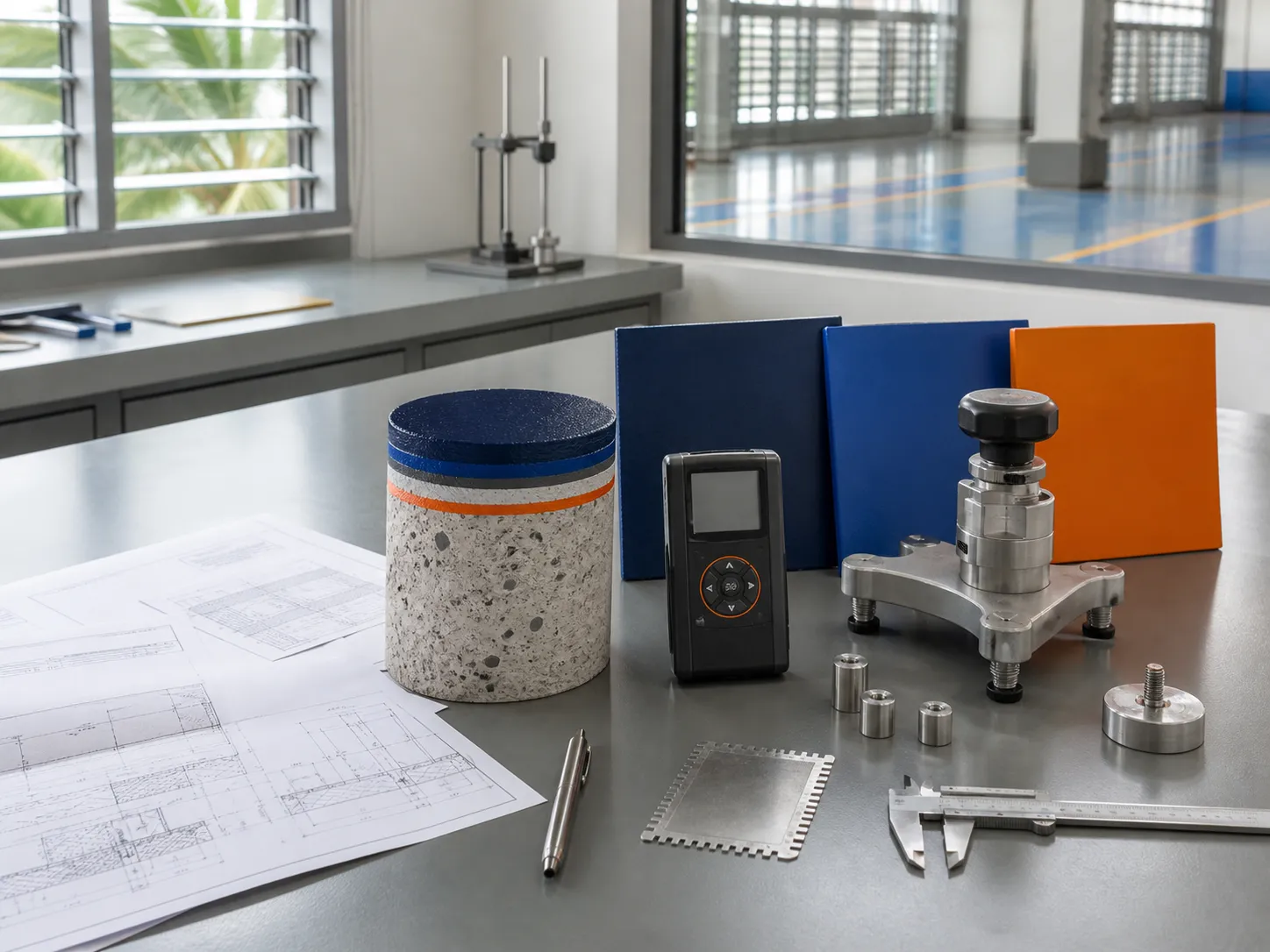 Technical coating investigation bench with a concrete core, coated samples, moisture measurement and pull-off adhesion equipment