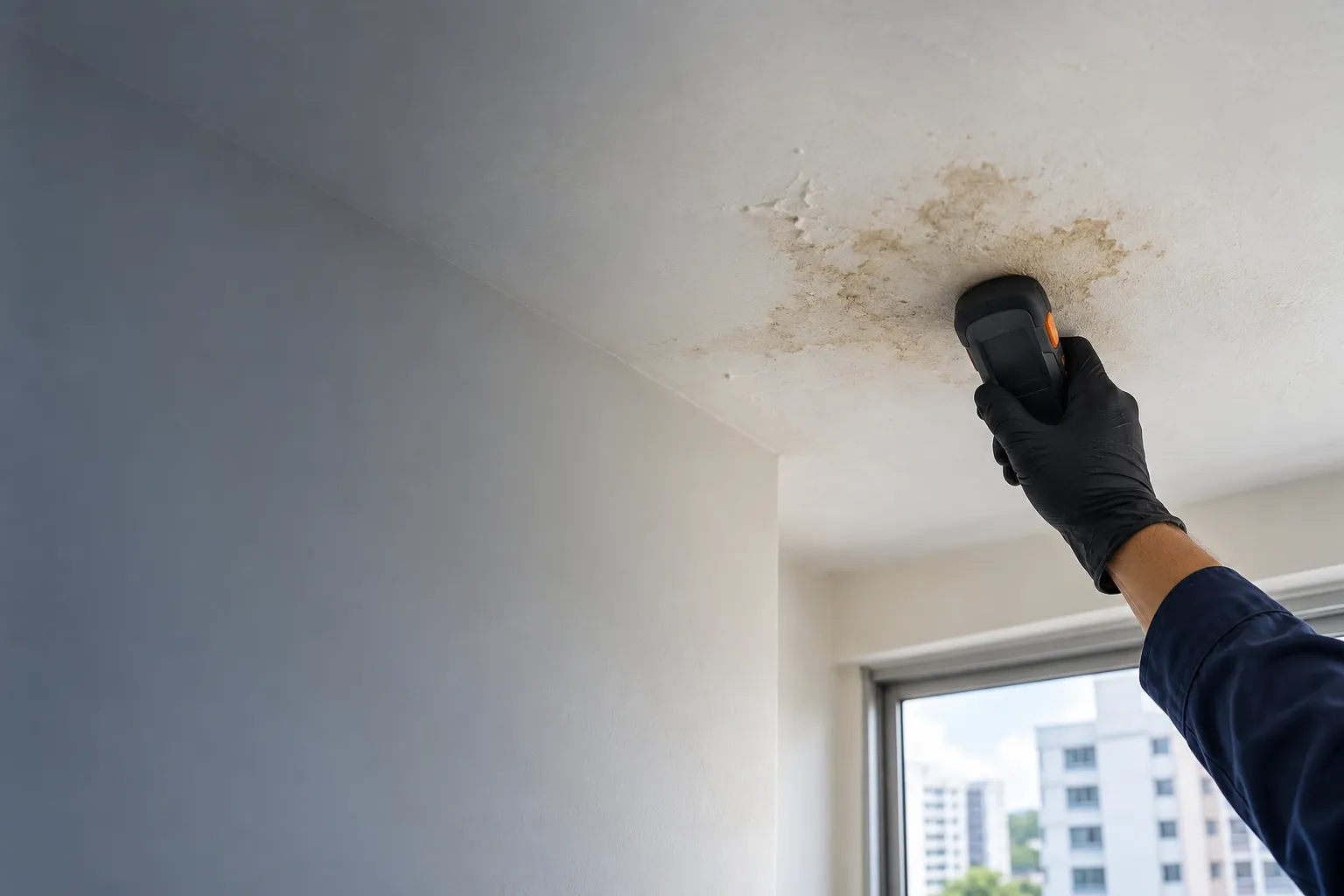 Illustration: a gloved hand using a moisture meter at a stained ceiling in a Singapore flat