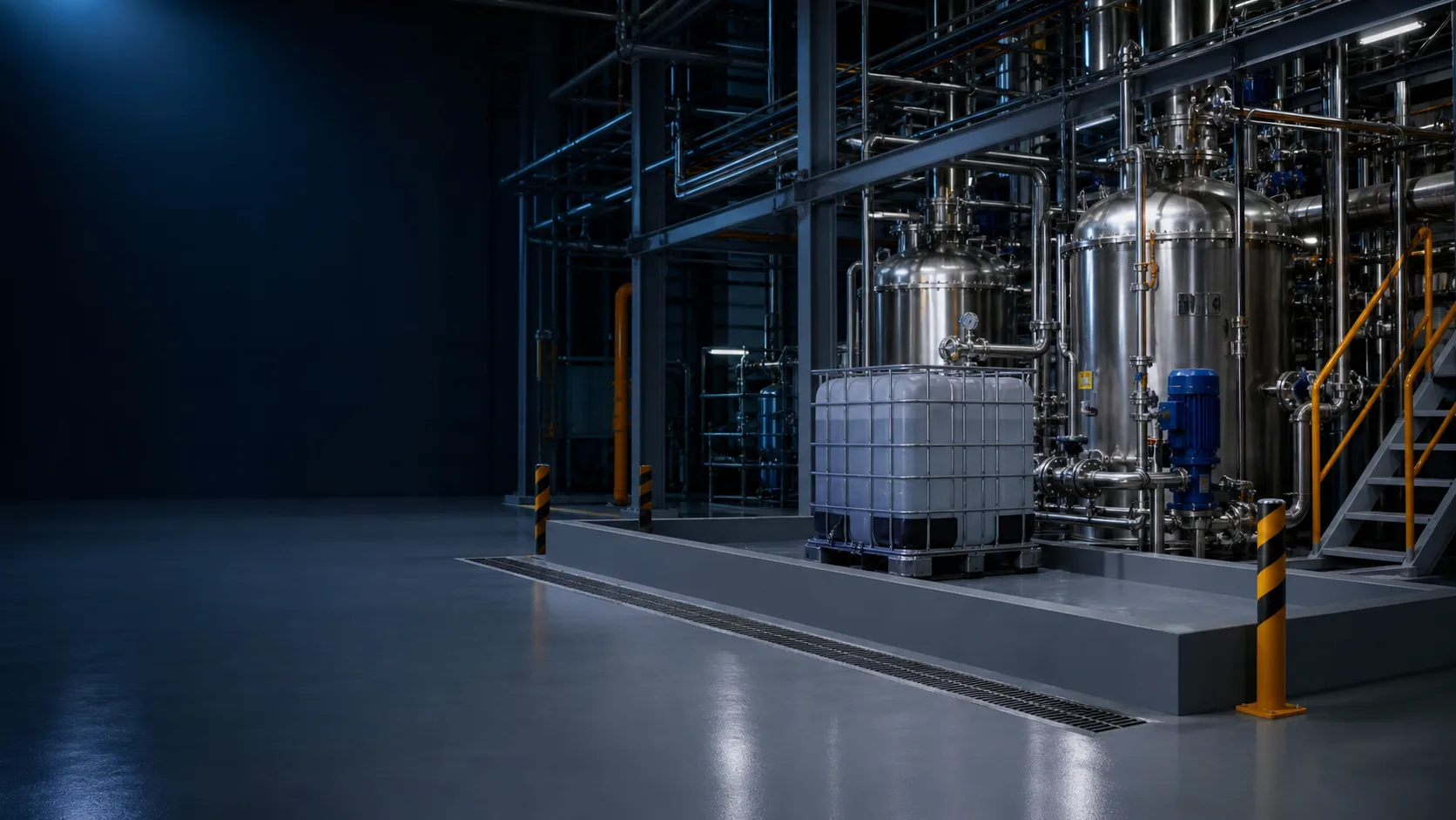 Chemical-processing hall with process vessels, bunded IBC, drainage and grey resin floor