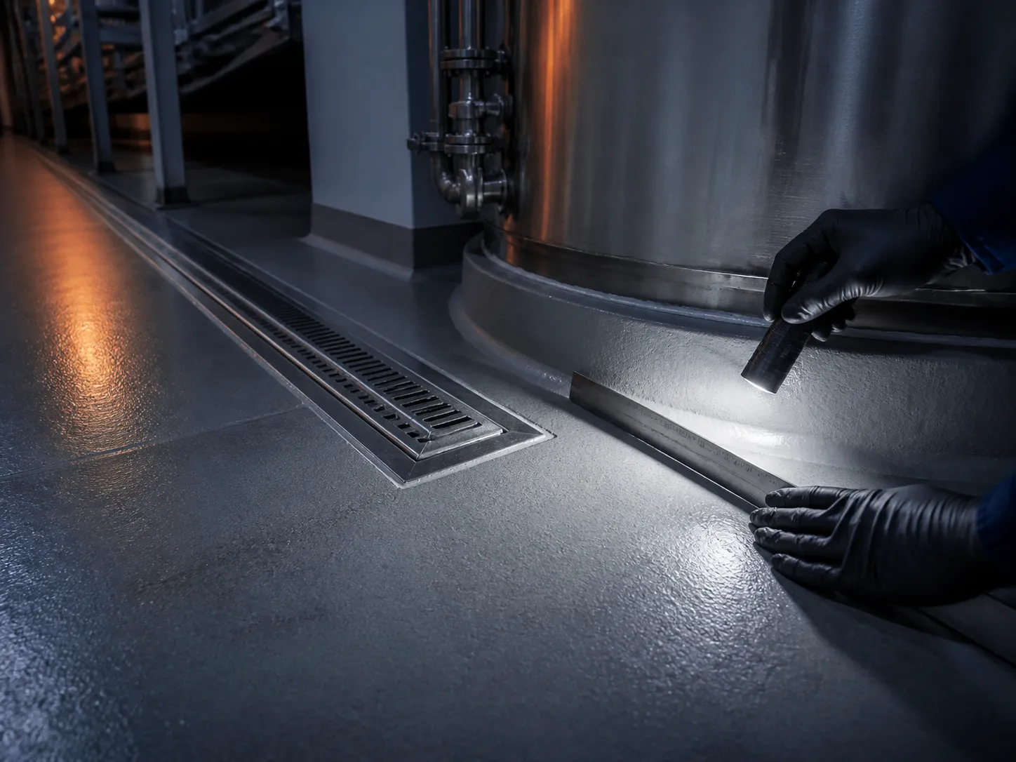 Technician inspecting a process tank base, resin-floor junction and drainage detail
