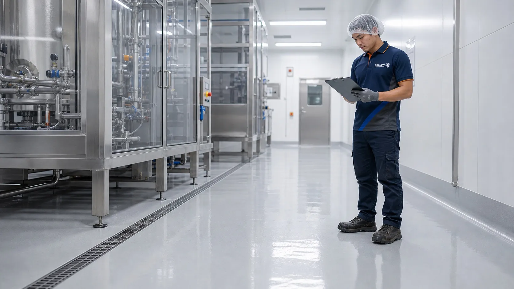 Seamless static-control floor in an electronics production facility under inspection