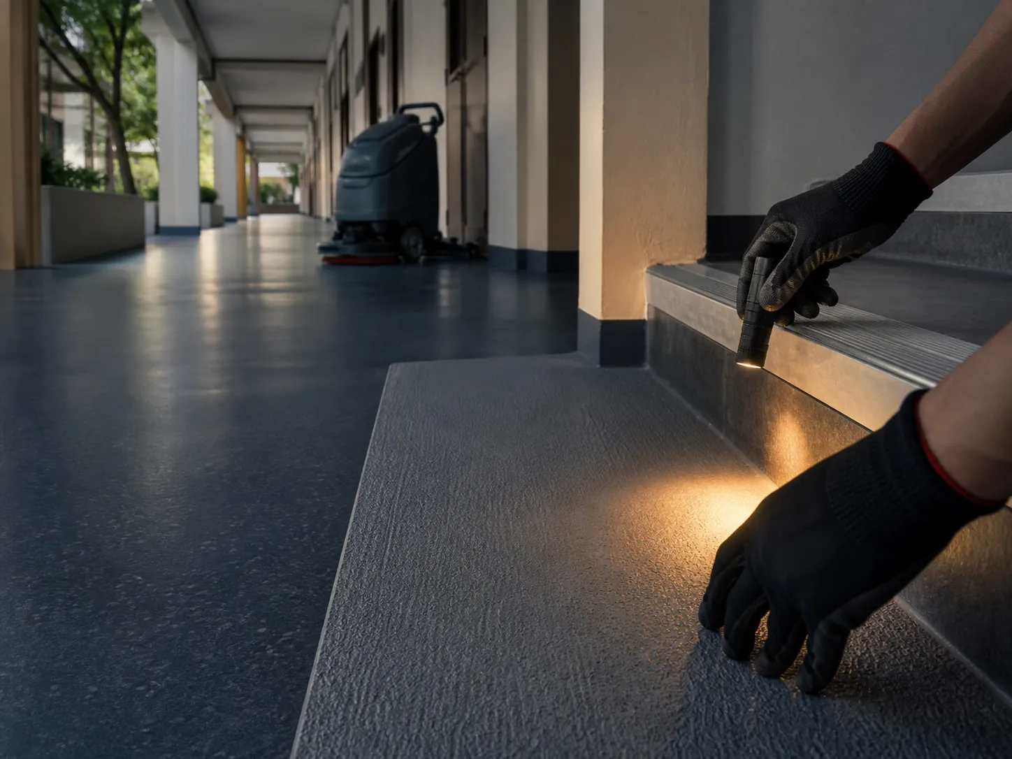 Term-break inspection of a school stair nosing, ramp texture and corridor floor