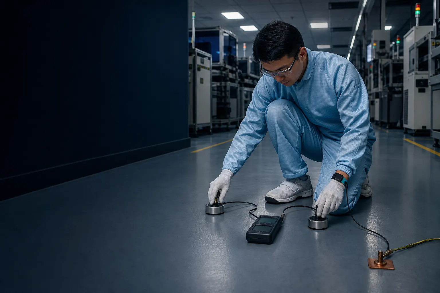 Technical specialist using weighted electrodes to verify a seamless conductive floor in an electronics manufacturing facility