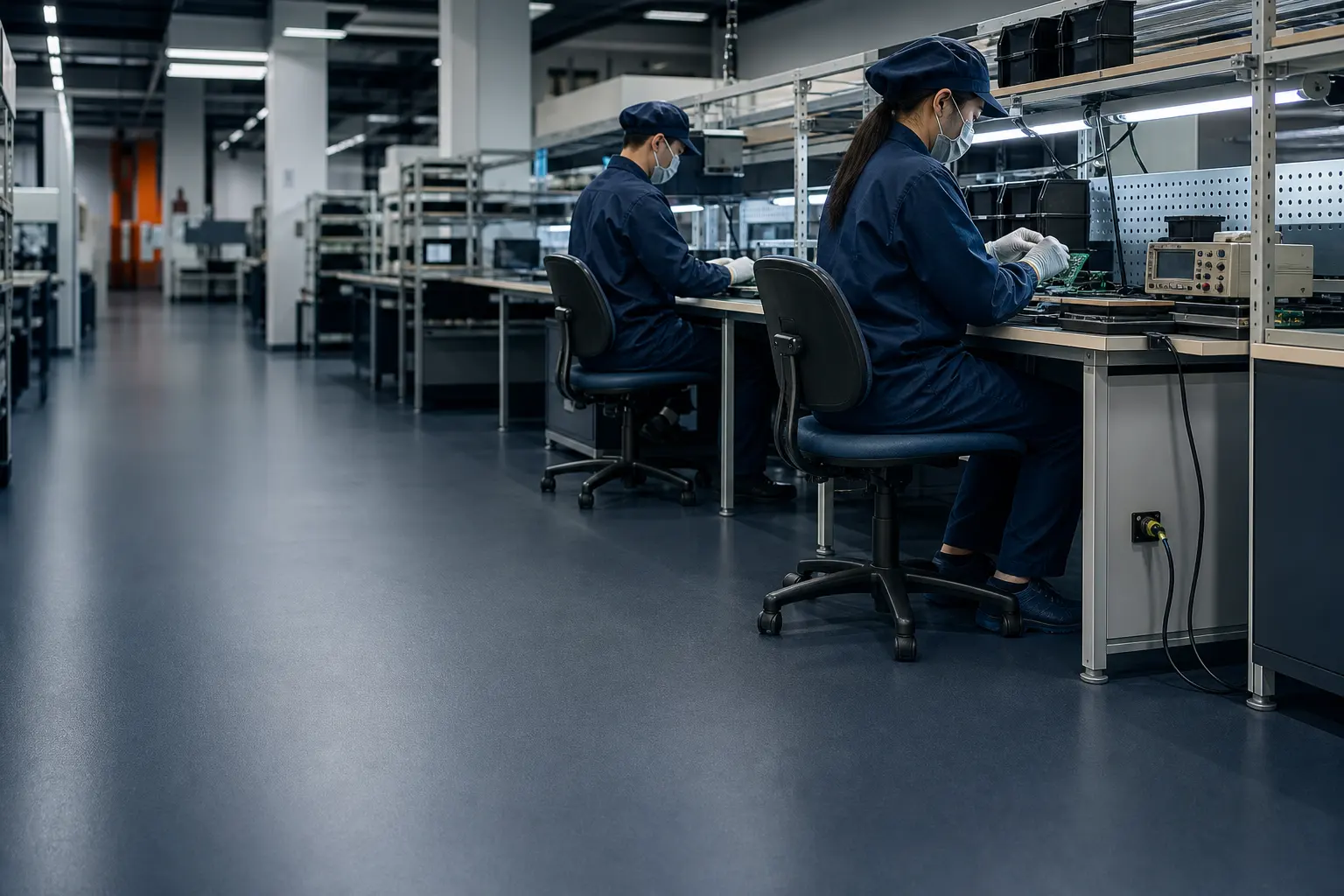 Electronics technicians handling sensitive components above a seamless conductive resin floor in an assembly and test area