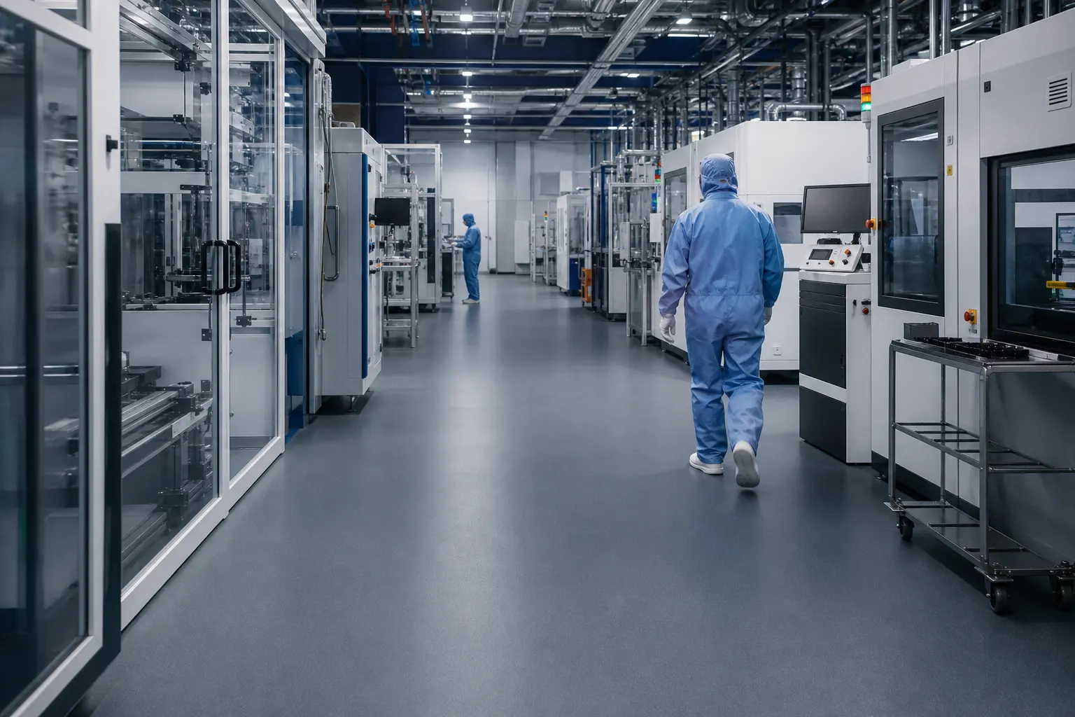 Controlled electronics production facility with a seamless static-control floor and clean circulation routes