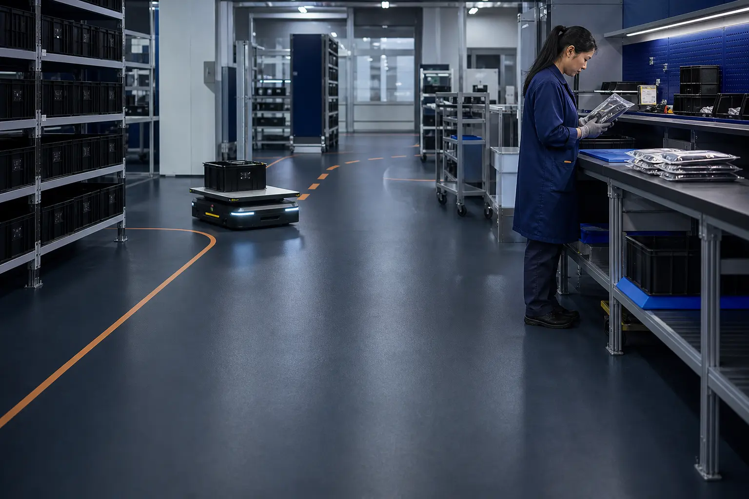 Electronics component storage and packing zone with an AGV moving over a seamless static-control floor
