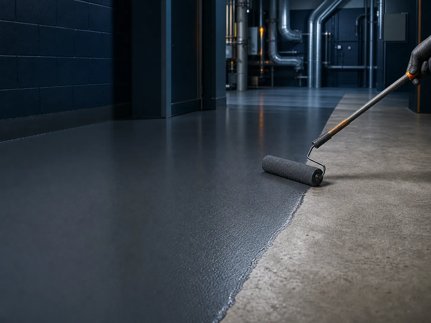 Roller-applied epoxy floor coating being laid from a mixed set