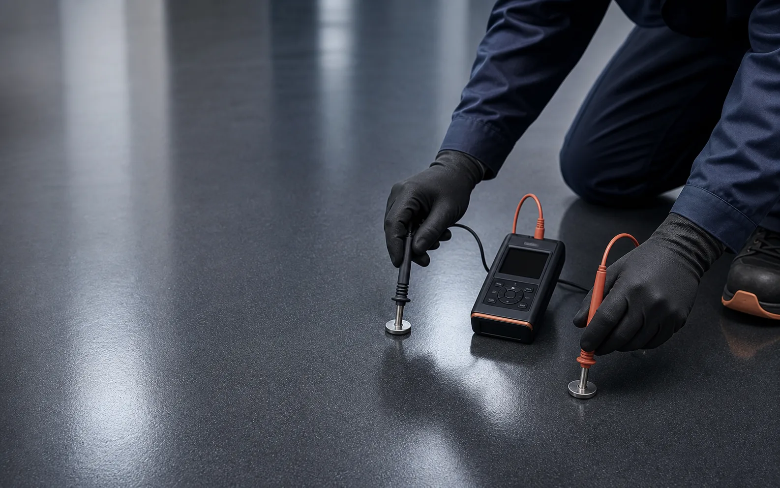 Technician measuring resistance-to-ground at marked test points on an ESD floor with a calibrated meter