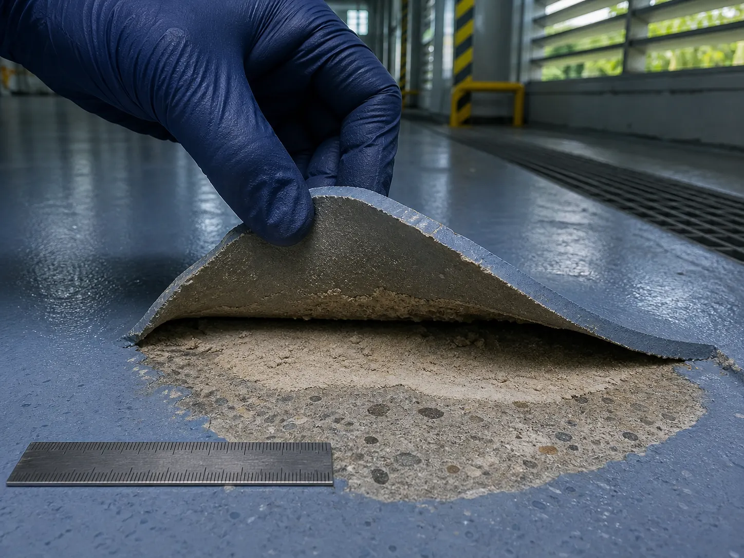 Gloved inspector lifting a delaminated blue-grey resin coating to examine the coating-to-concrete failure interface