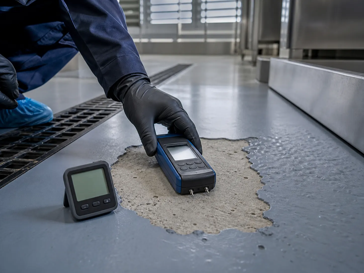 Inspector measuring substrate and ambient conditions beside a failed resin floor in a Singapore wet-process facility