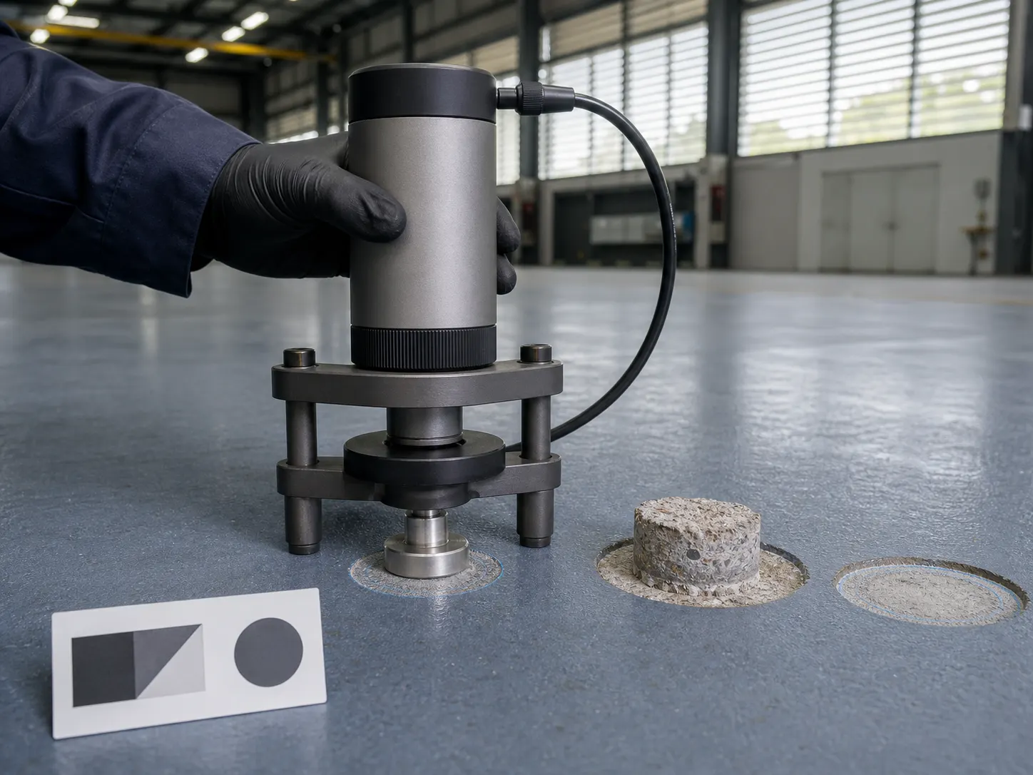 Pull-off adhesion testing on an industrial resin floor with contrasting concrete and intercoat failure locations