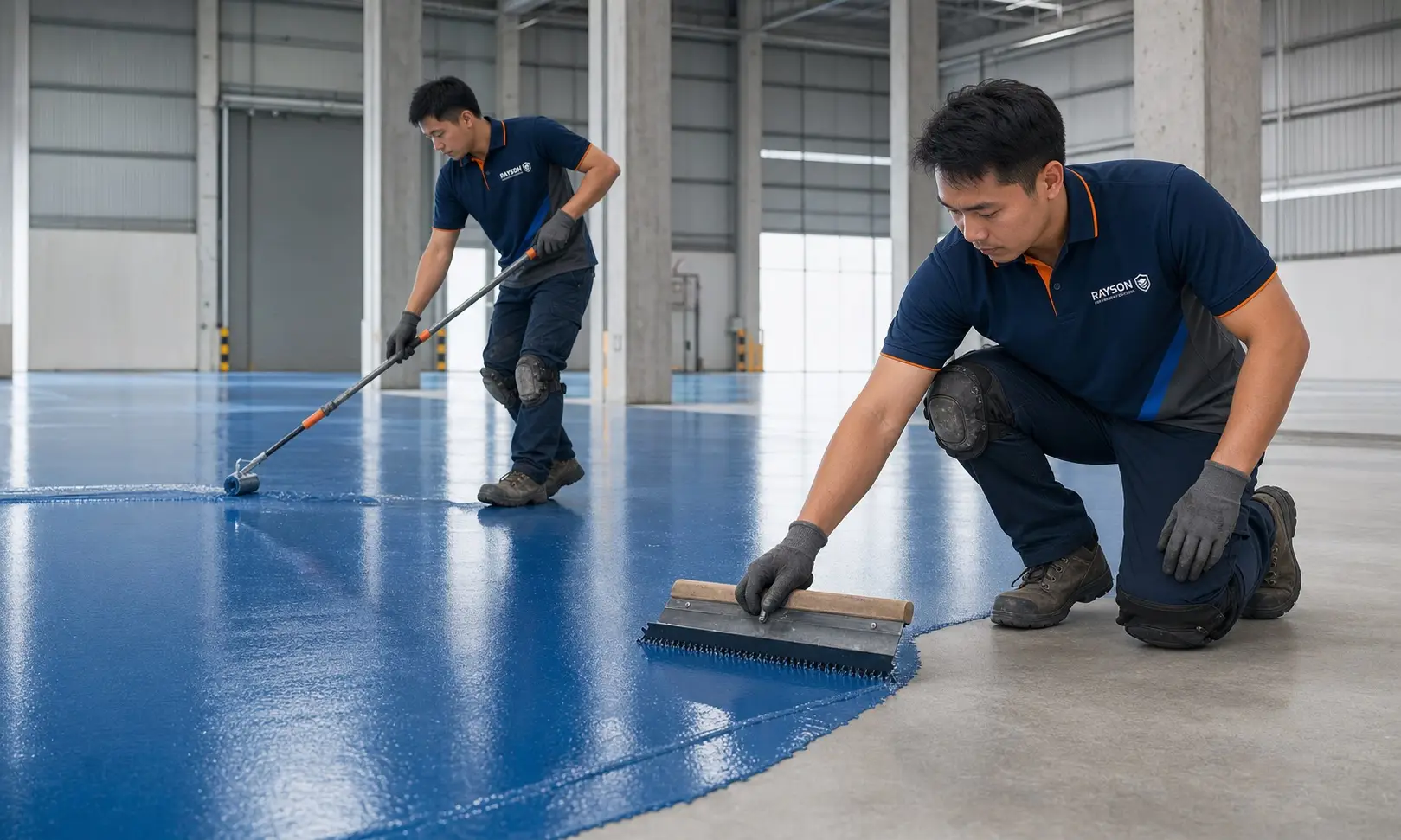 Rayson SiteForce applicators installing a seamless resin floor in a modern warehouse