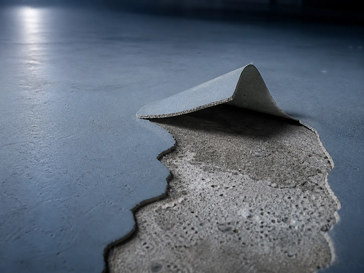 Technical concept visual of a lifted industrial resin floor coating exposing the concrete interface beneath