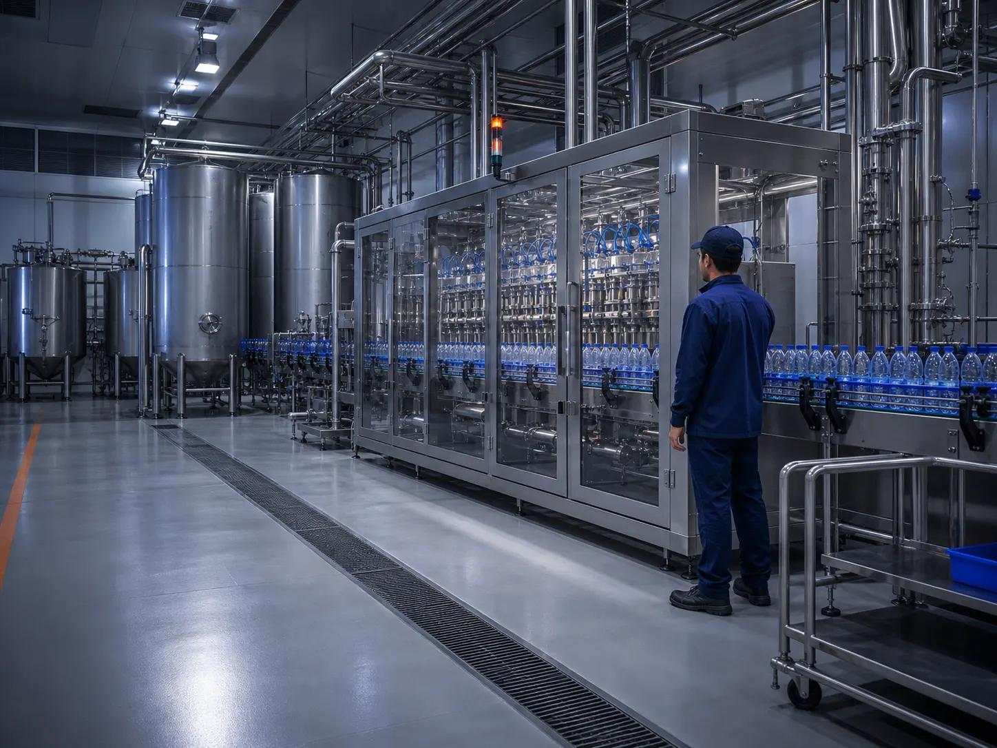 Beverage production and filling facility in Singapore with seamless resin flooring, drainage and clean circulation routes