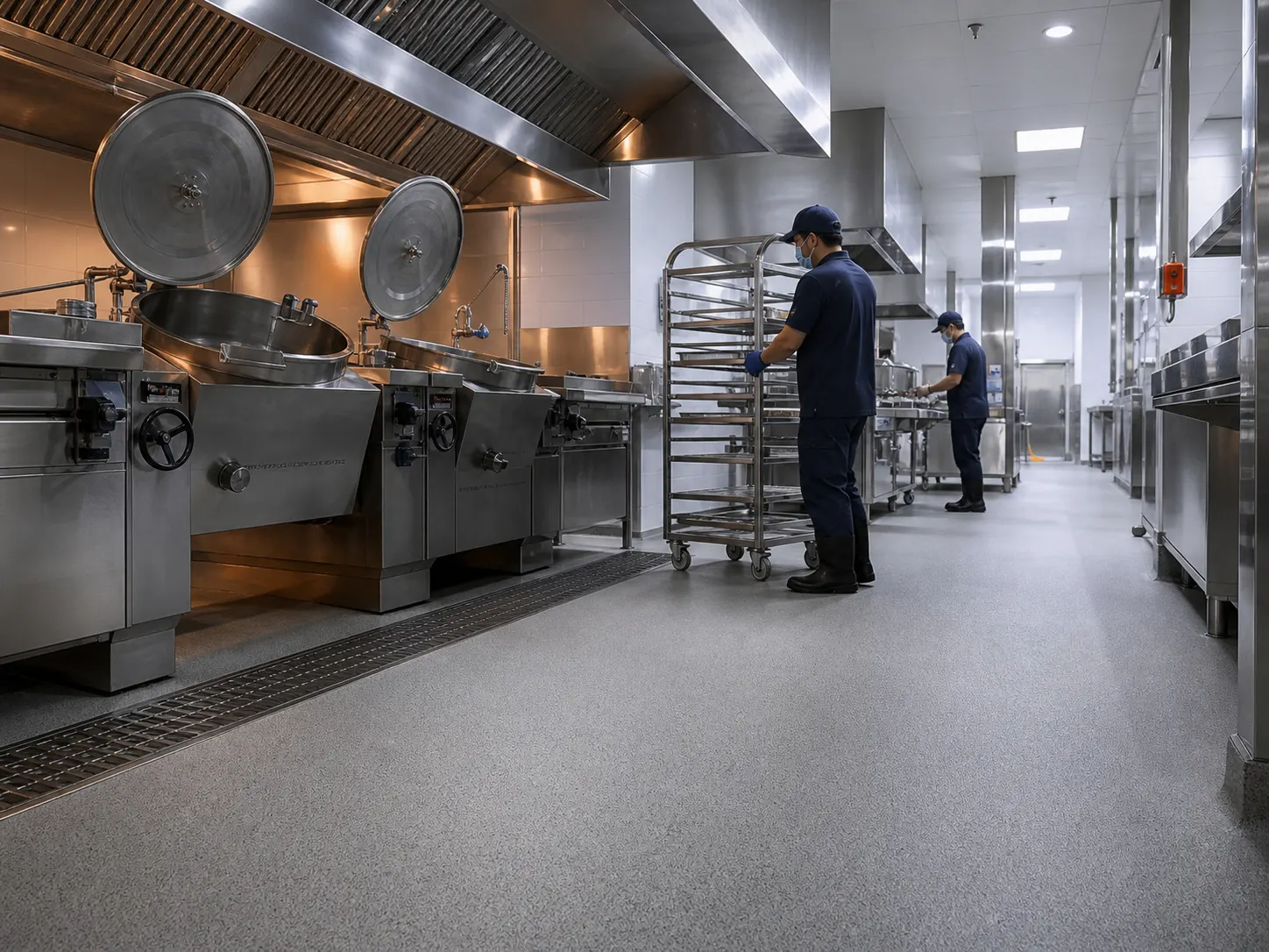 Central kitchen in Singapore with cooking equipment, drainage and slip-resistant resin flooring