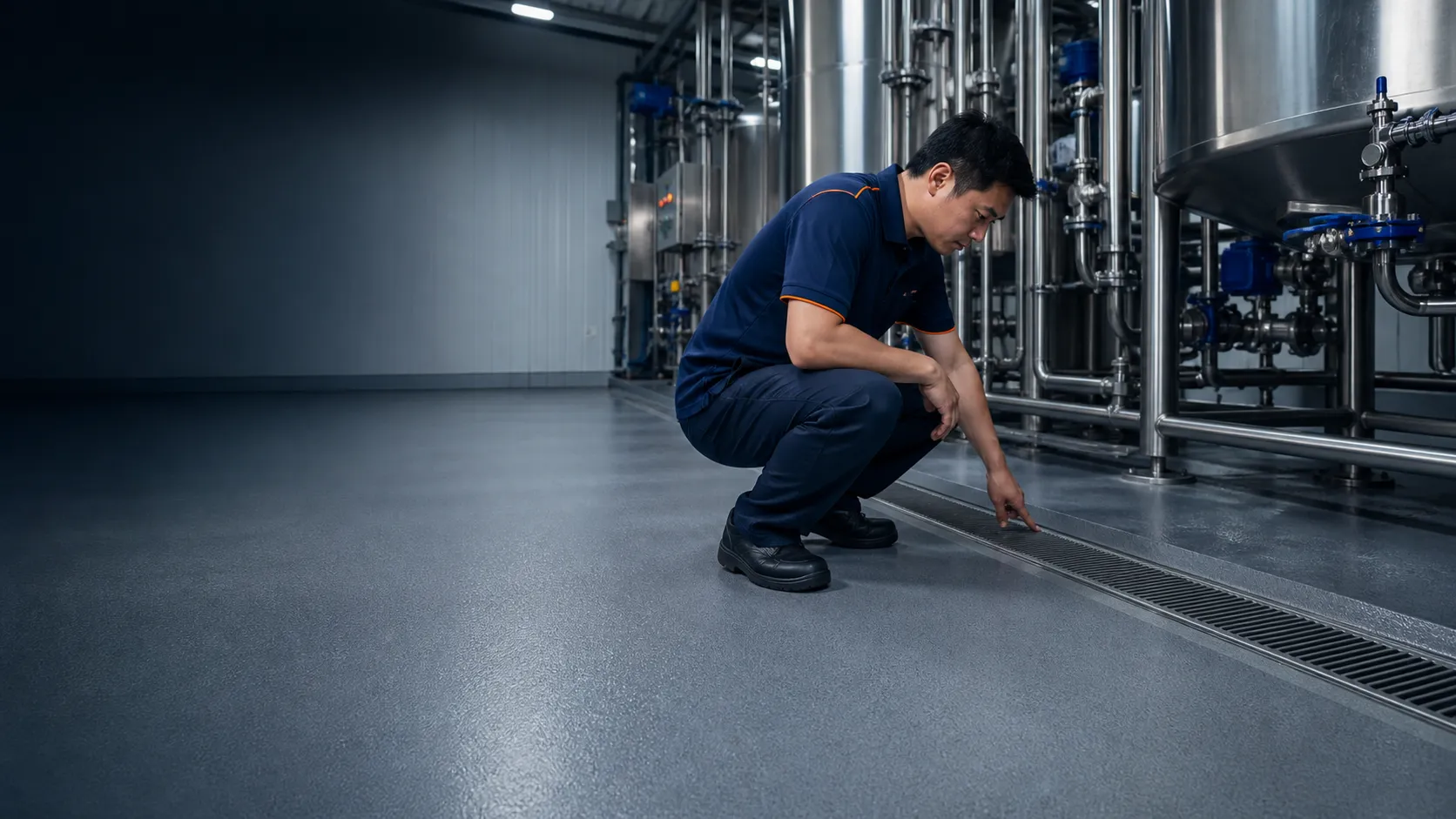 Flooring specialist inspecting a seamless resin floor and drainage detail in a food and beverage processing facility