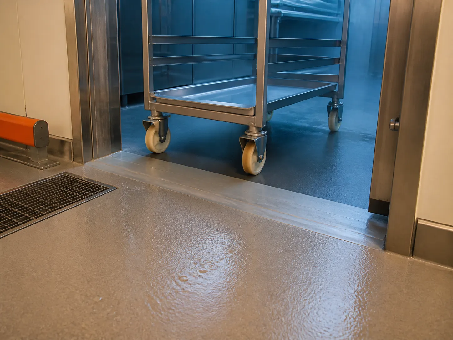 Cold-chain facility threshold with a stainless trolley, resin flooring and drainage details