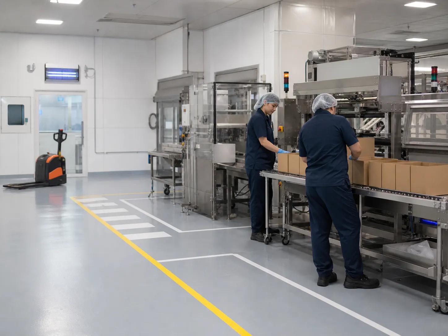 Food and beverage dry-packing facility with seamless resin flooring and marked logistics routes