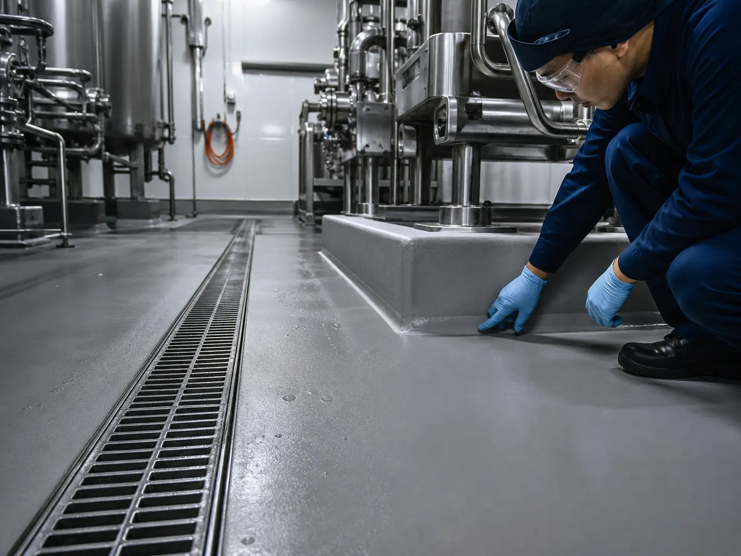 Flooring specialist inspecting resin flooring, an equipment plinth and drainage details in a food processing facility