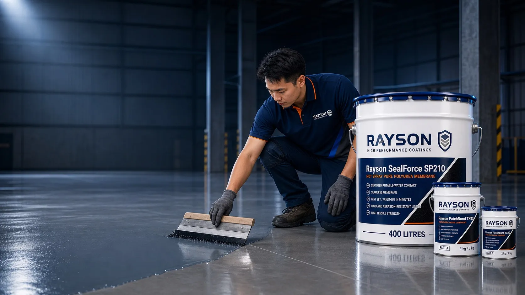 Applicator finishing a high-performance deck coating — cure time before traffic is the hot-tyre defence