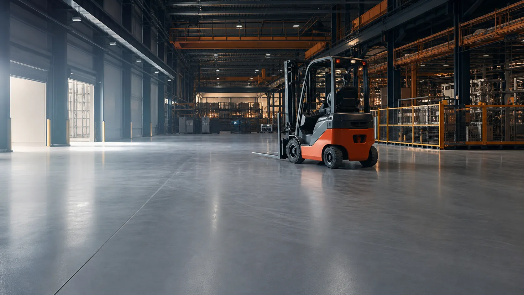 Forklift operating on a seamless resin floor inside a modern industrial facility