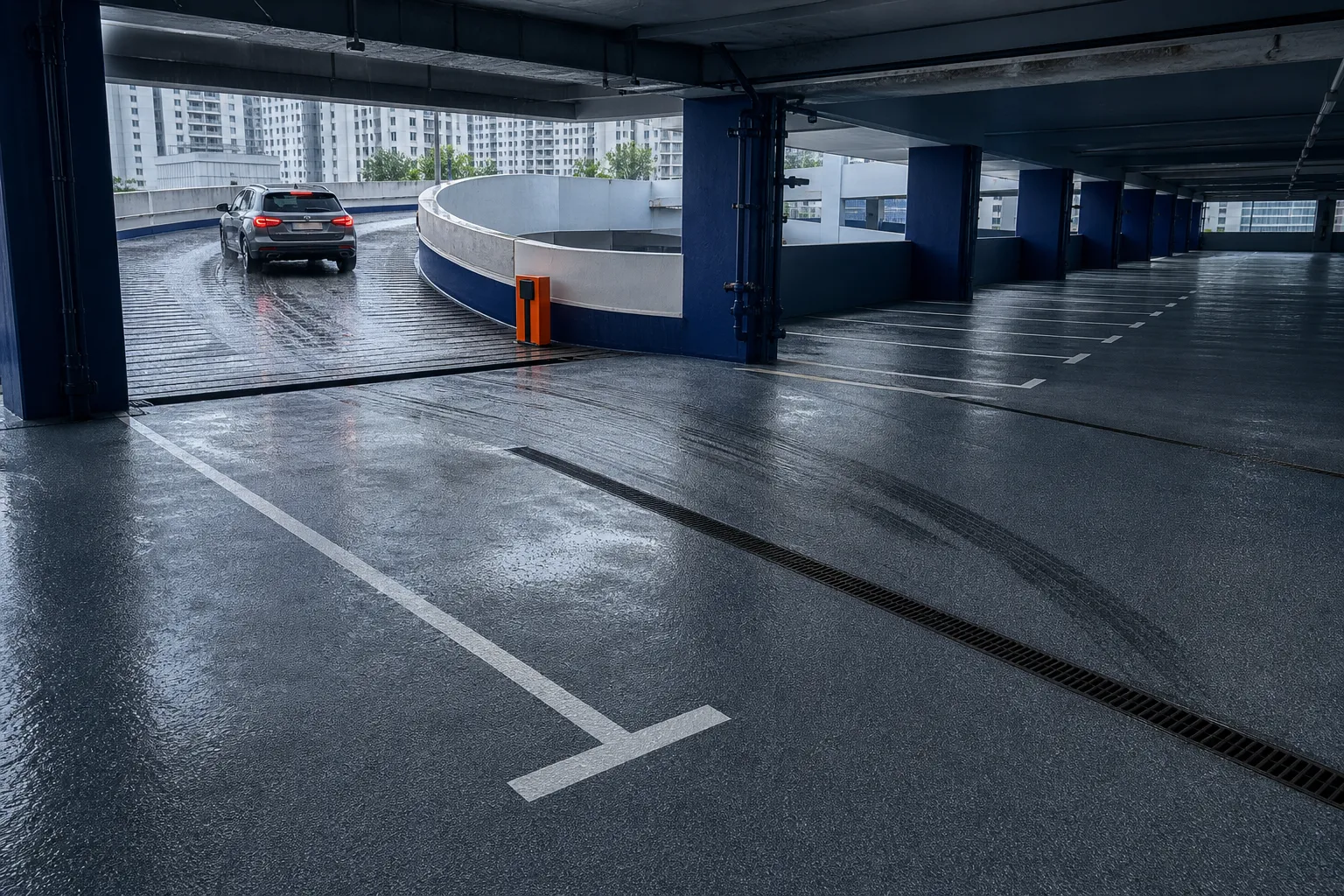 Rain-wet multi-storey car park in Singapore showing a ramp, bays, drainage and vehicle traffic