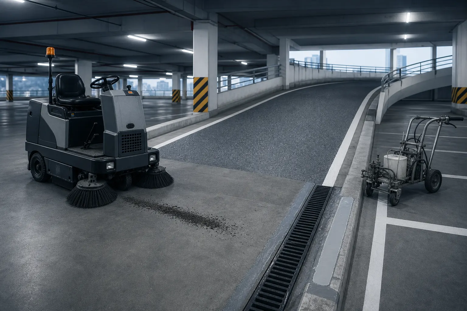 Car park ramp undergoing sweeping, texture inspection and drainage maintenance