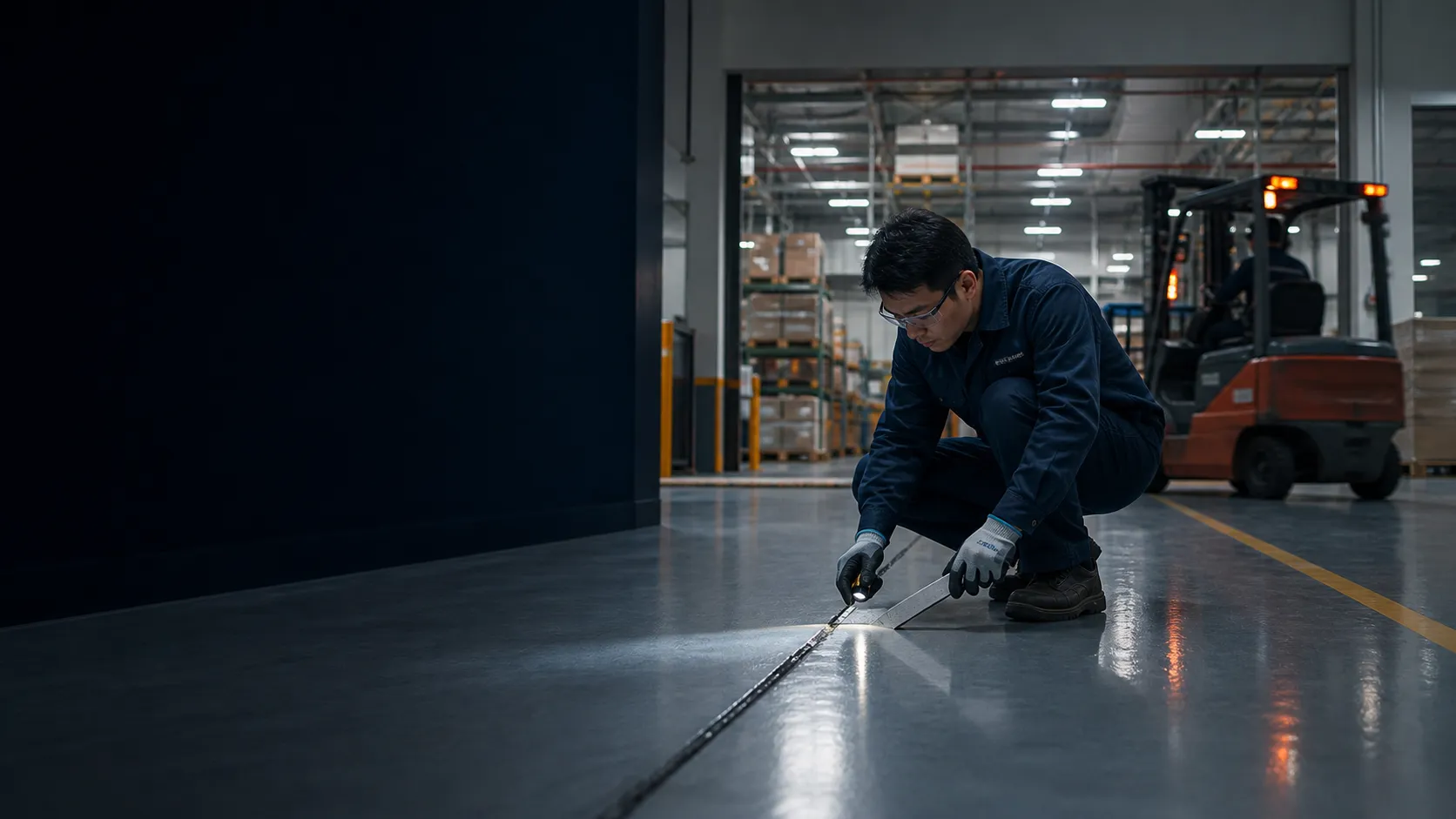 Industrial flooring specialist inspecting a forklift tyre path and slab joint in a manufacturing and warehouse facility