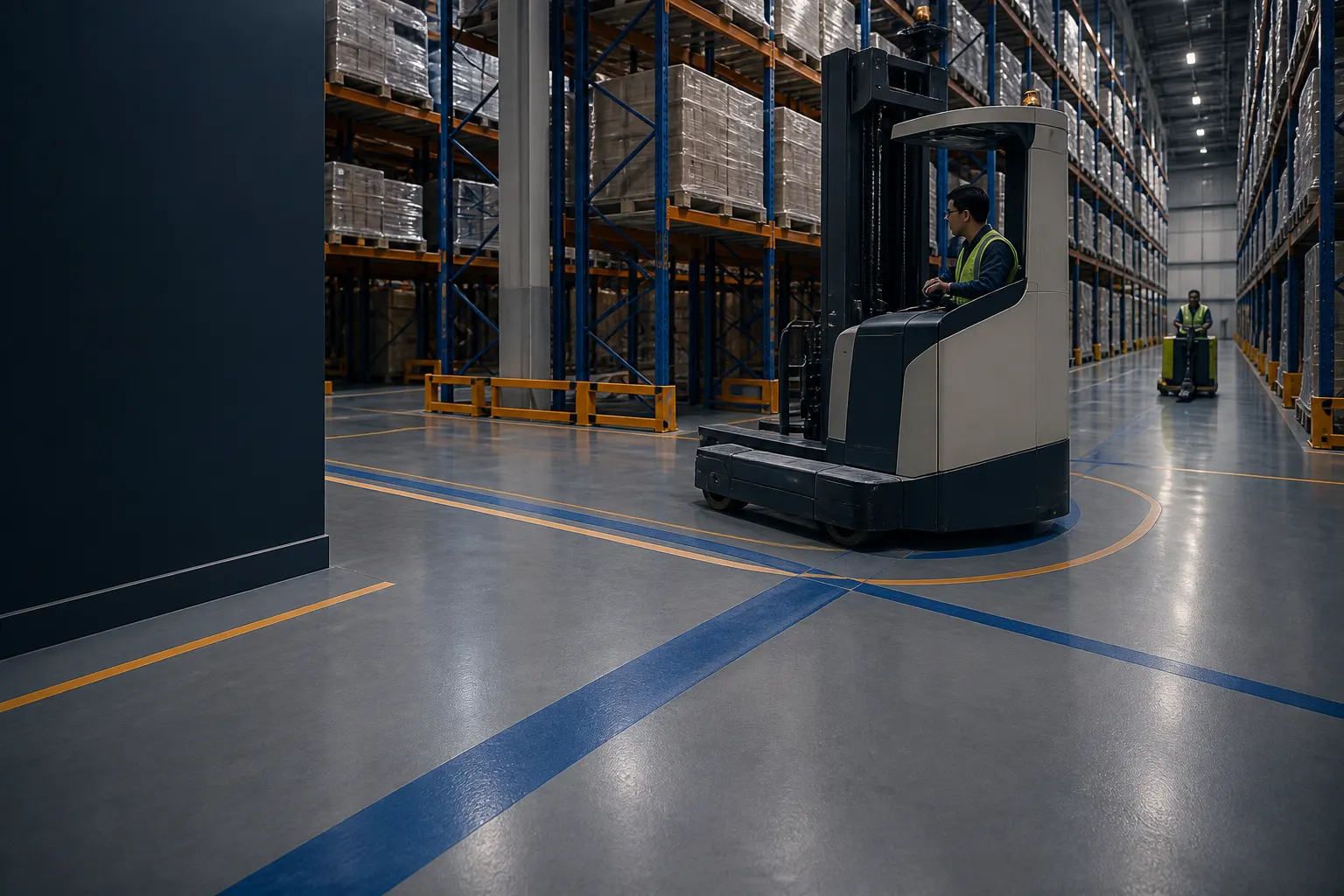Reach truck turning at a marked main-aisle intersection on an industrial resin floor