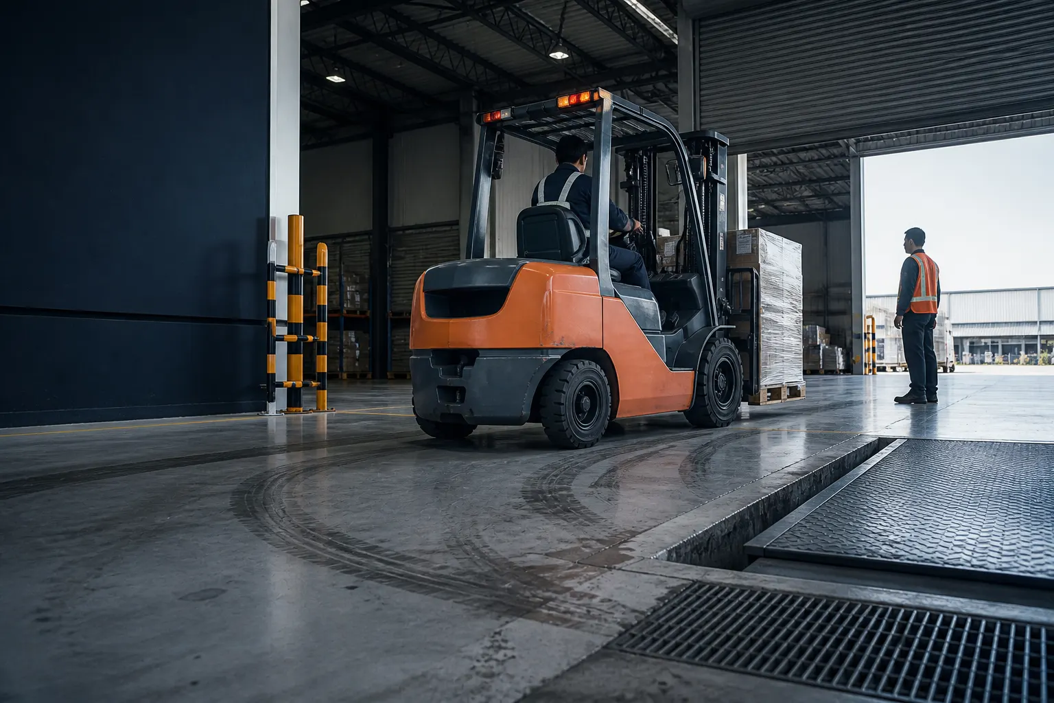 Forklift crossing a resin-coated warehouse loading zone with wet tracking and drainage details in Singapore