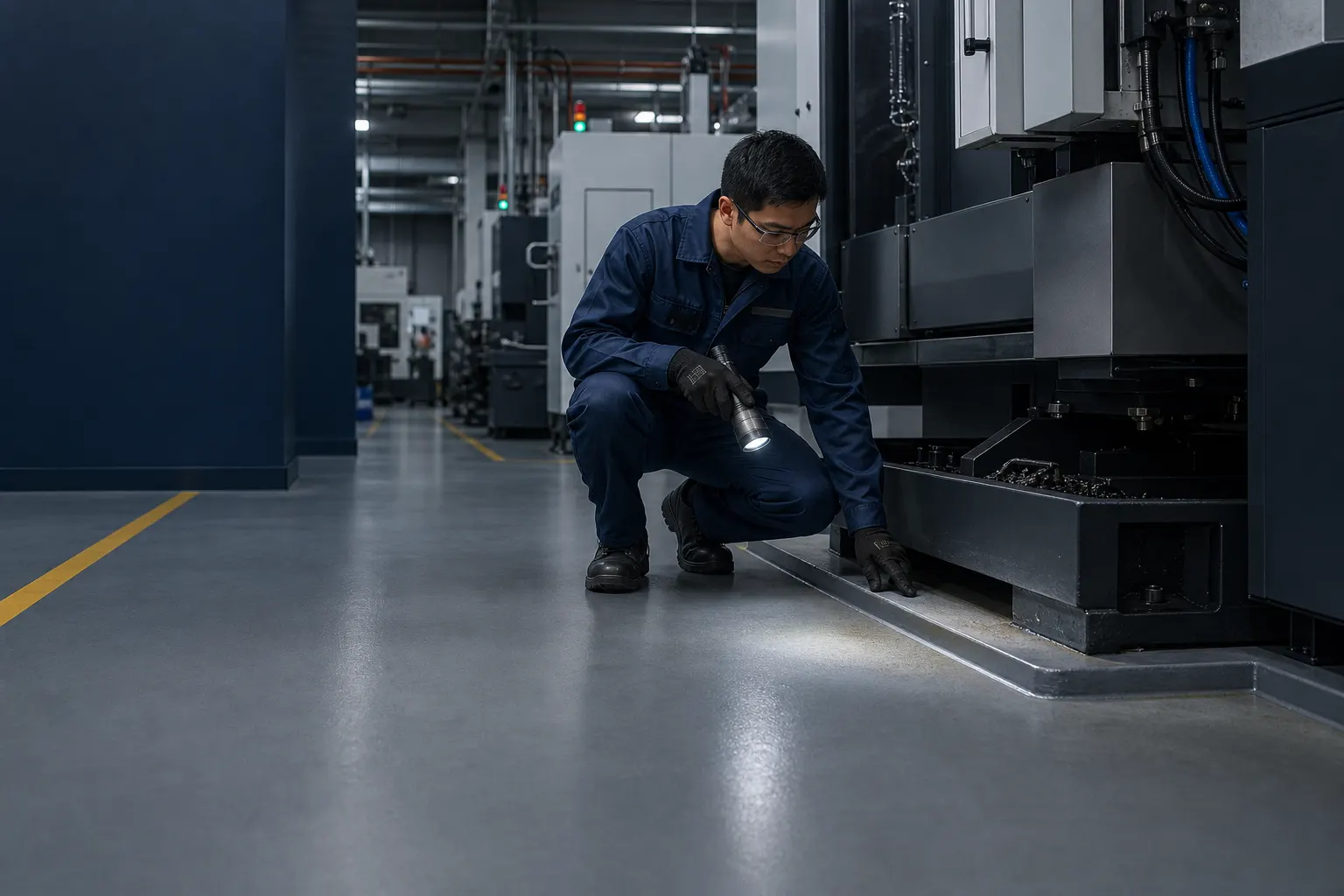 Technician inspecting an industrial resin floor beside manufacturing equipment and a machine base