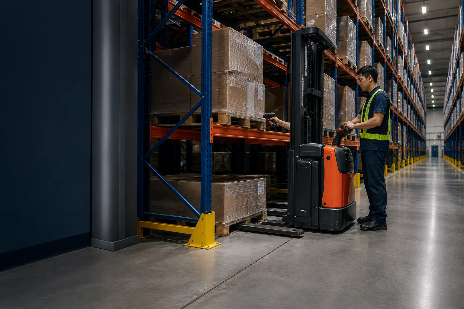 Electric stacker operating in a warehouse racking and picking zone on a seamless industrial floor