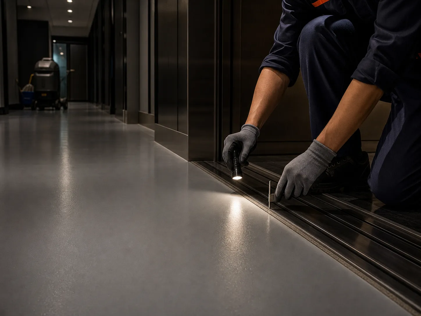 Facilities technician inspecting an office lift threshold and resin floor after hours