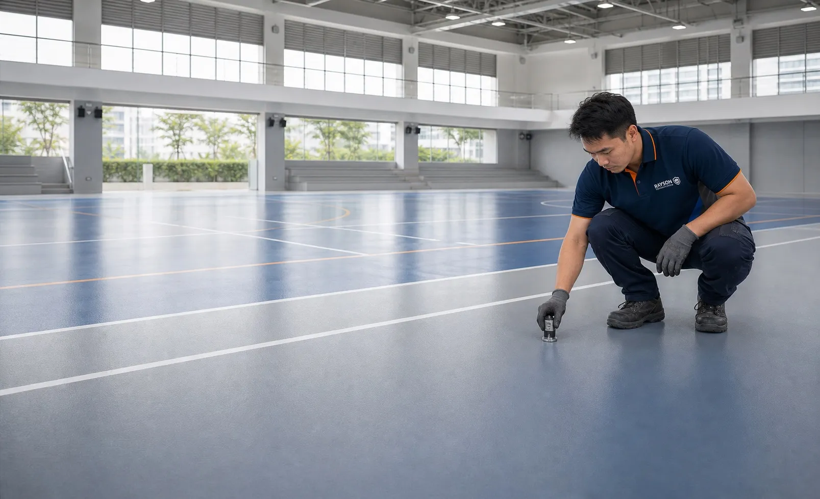 Technician testing the slip resistance of a completed floor surface