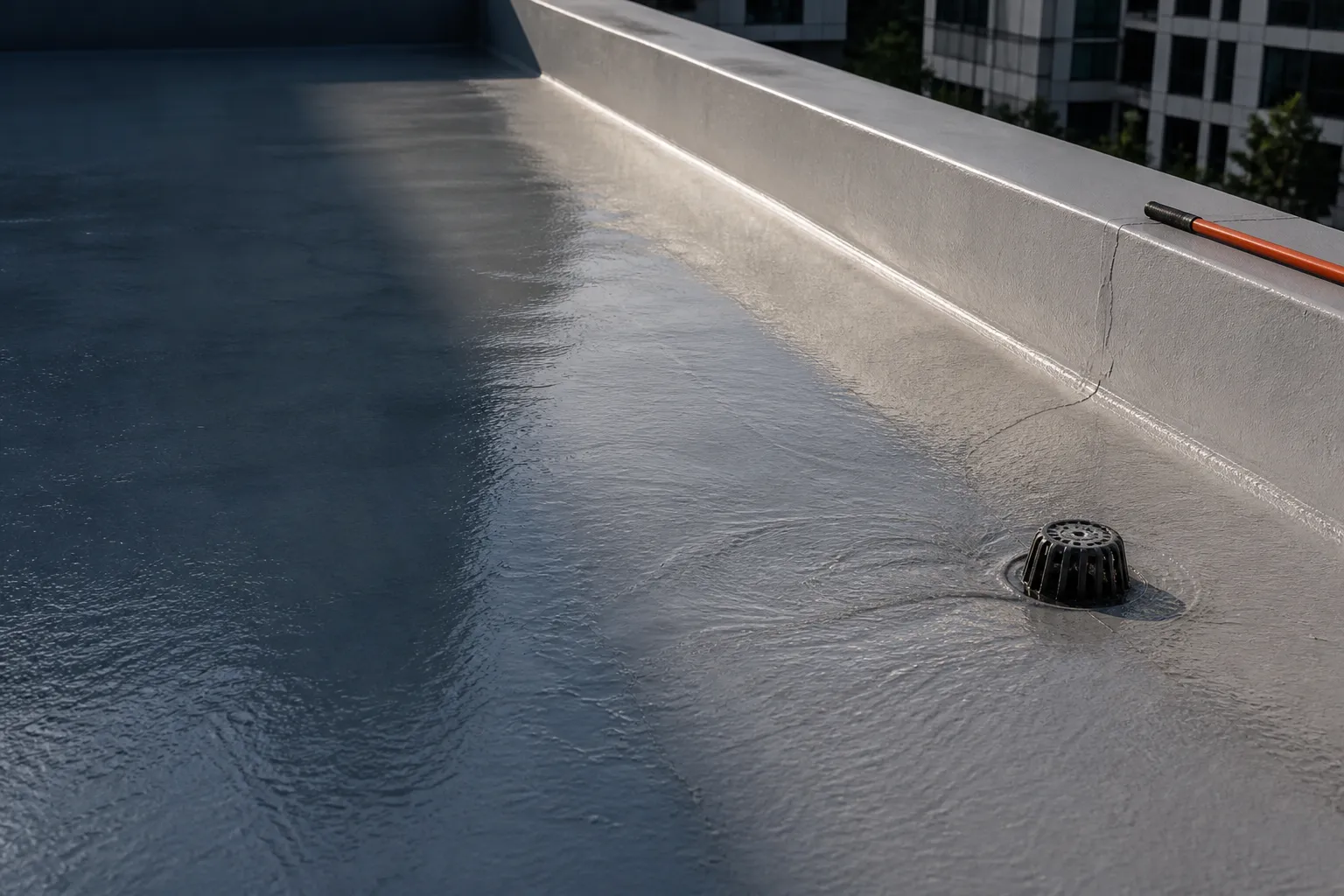 Coated concrete roof with parapet upstand and water directed toward a roof drain