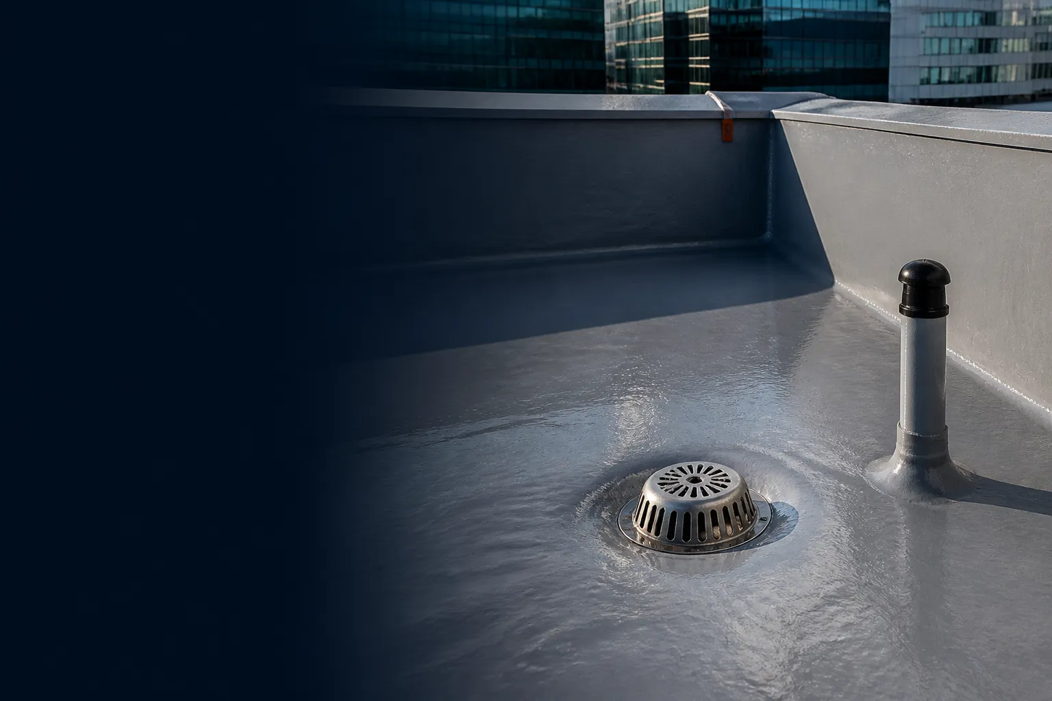 Seamless waterproof membrane detailed continuously around a roof drain, upstand and service penetration