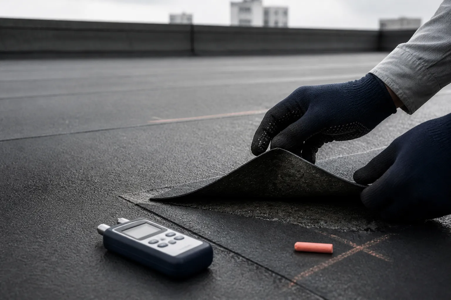 Technician inspecting a locally debonded existing roof membrane before overcoating