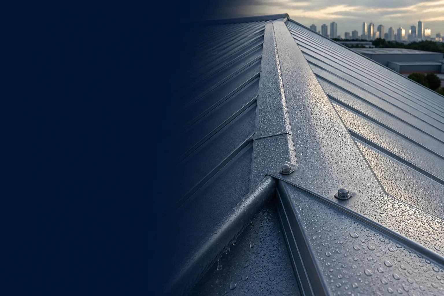 Coated standing-seam metal roof with detailed joints and fasteners after rain