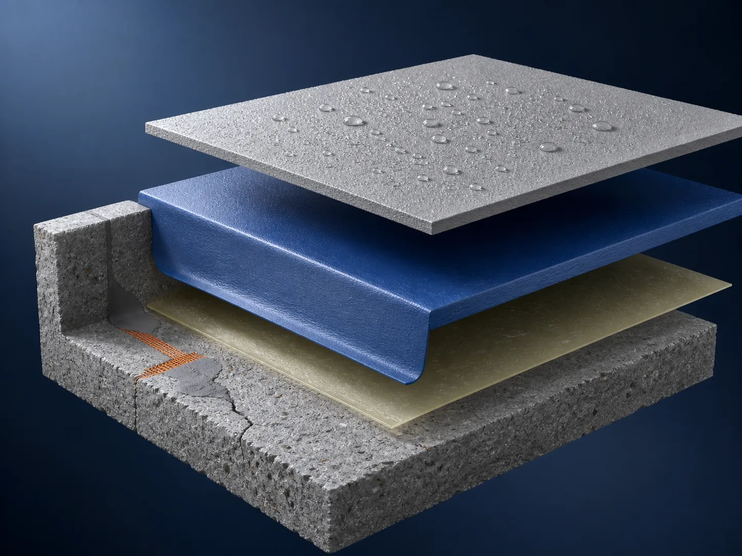 Exploded roof waterproofing build-up showing concrete, repair, preparation, membrane and exposed surface layers