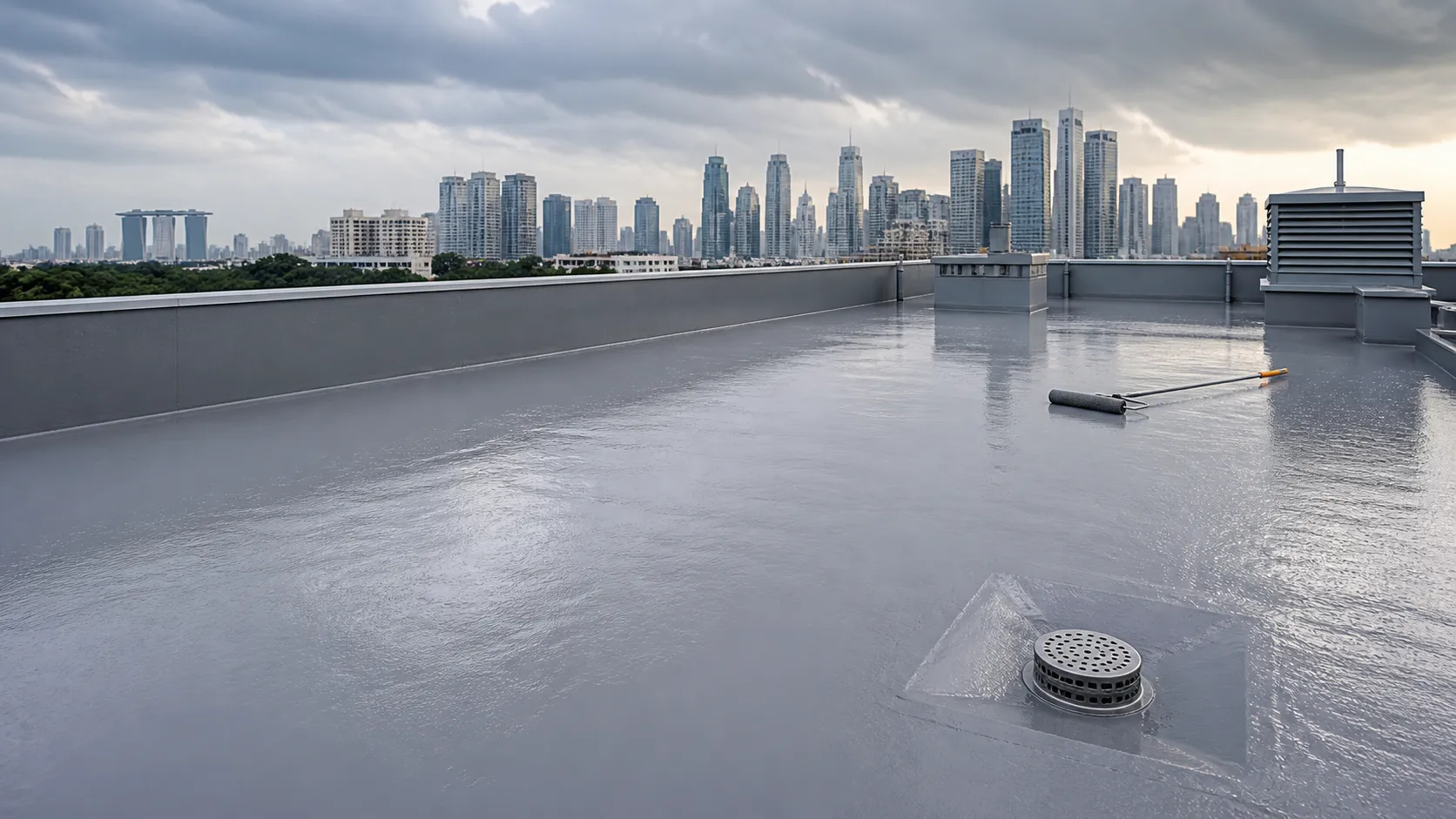 Completed seamless liquid-applied waterproof membrane with a detailed roof drain on a commercial Singapore rooftop