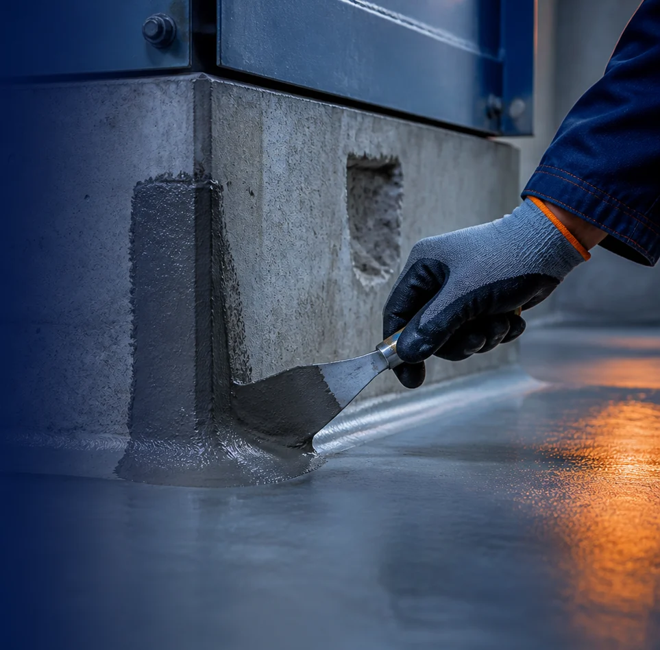 Representative illustration: a trowel pressing modified mortar into a damaged concrete base