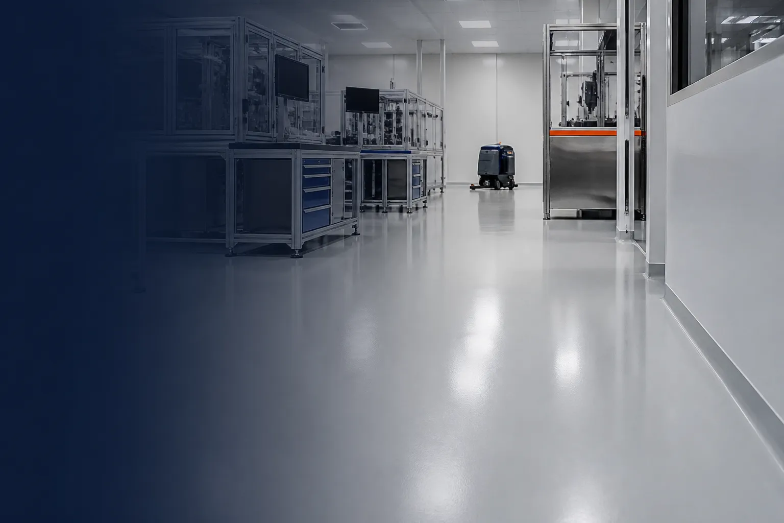 Clean precision-production environment with a seamless light-grey resin floor