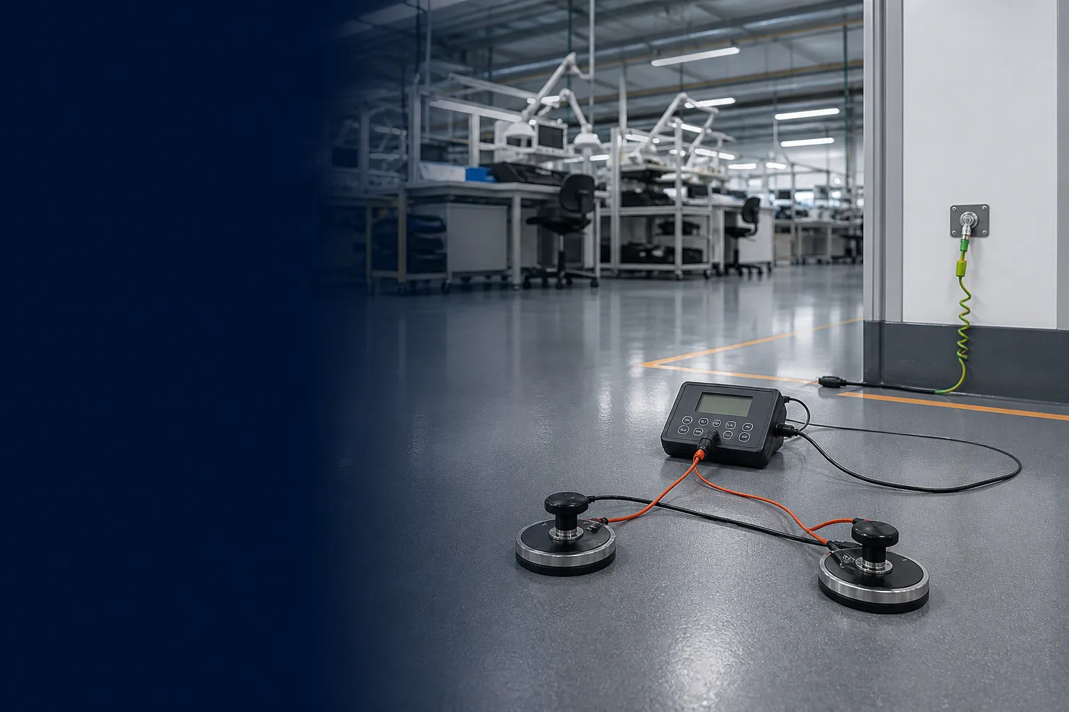 Floor resistance meter and weighted electrodes verifying a conductive resin floor in an electronics facility