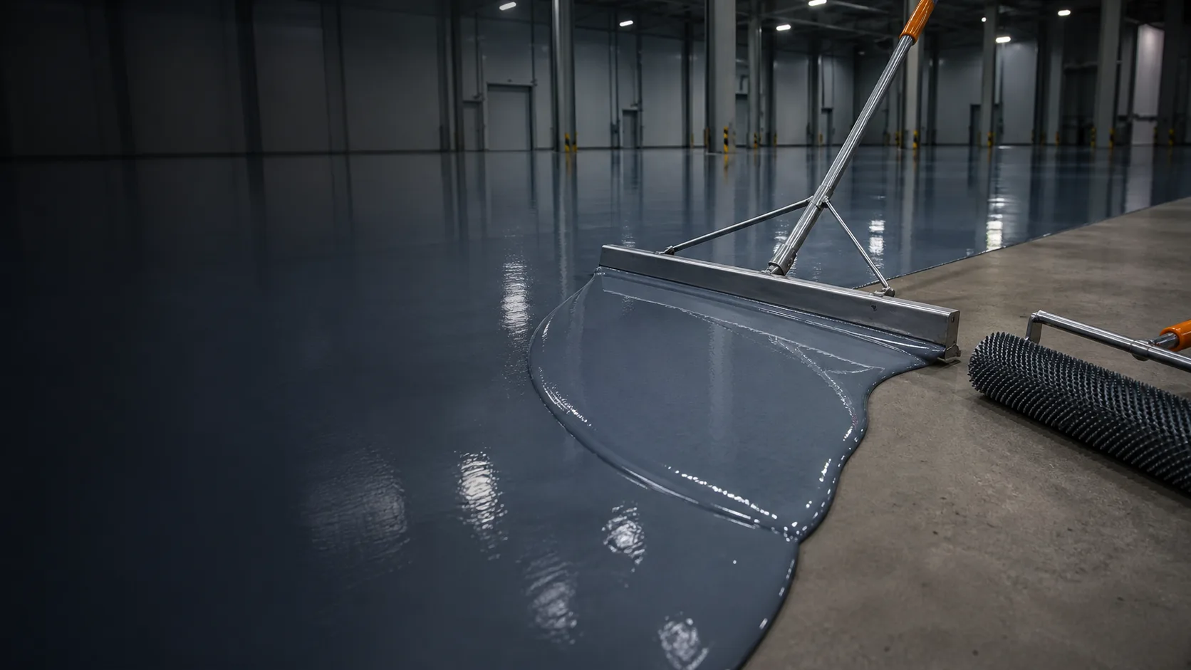 Controlled application of viscous self-smoothing epoxy resin using a gauge rake and spiked roller