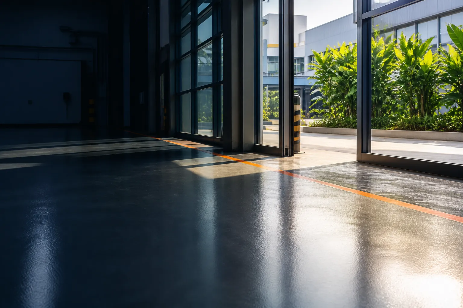 Sunlight crossing a smooth industrial resin floor beside a glazed entrance