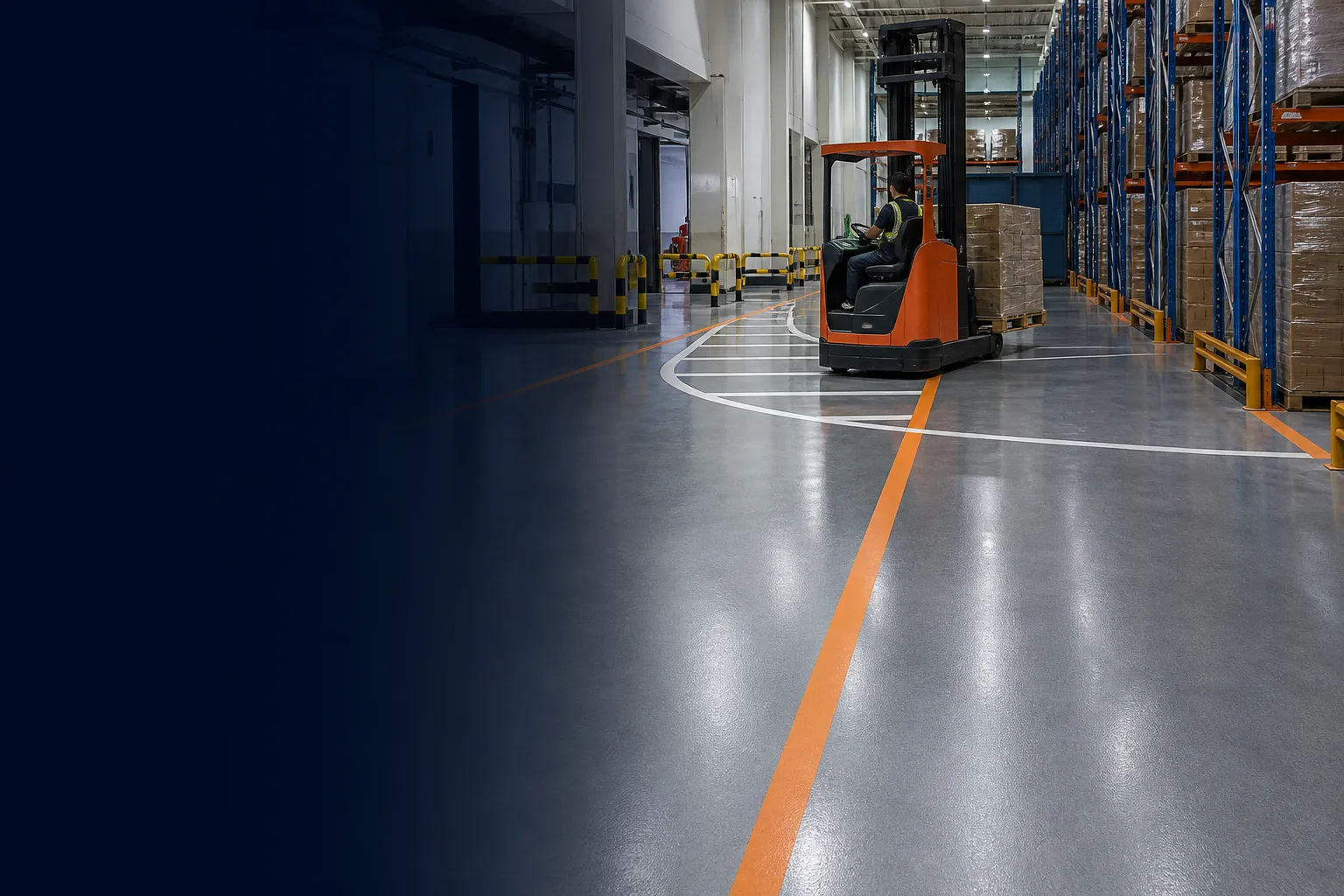 Reach truck turning on a smooth resin-coated warehouse floor